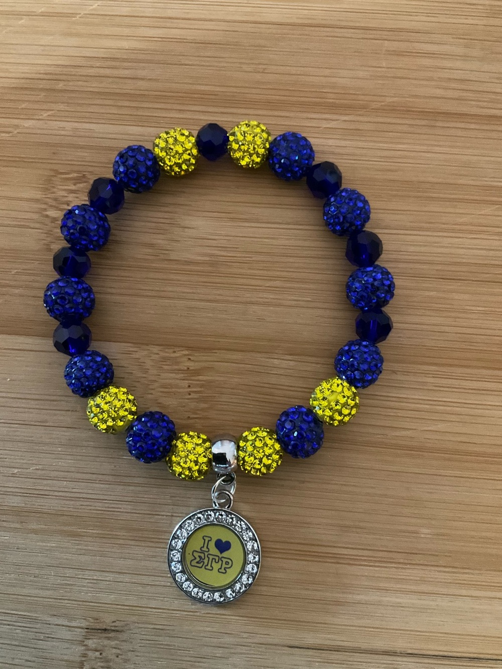 Hand Crafted Yellow & Blue Crystal Bead Stretch Bracelet Sigma Gamma Rho Charm
